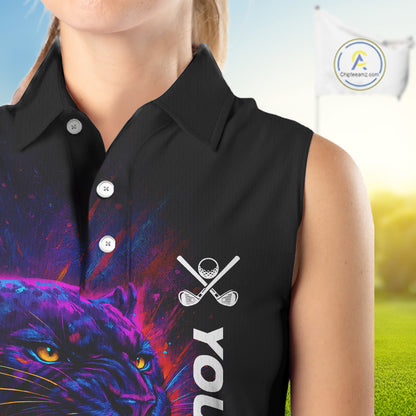 Colorful Panther Sleeveless Golf Polo Shirts Custom ladies Golf attire, Personalized team golf gifts NQS11187