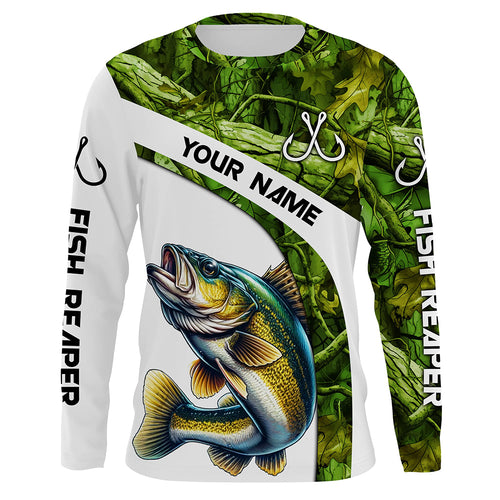 Walleye fishing Green Camo UV protection Custom long sleeve fishing shirts, Walleye tournament jerseys NQS5131