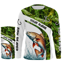 Load image into Gallery viewer, Redfish fishing Green Camo UV protection Custom long sleeve fishing shirts, Red drum tournament jersey NQS5132