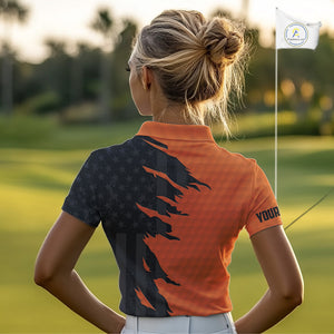 Personalized Women golf polo shirt custom orange golf ball black American flag ladies golf apparel NQS10070