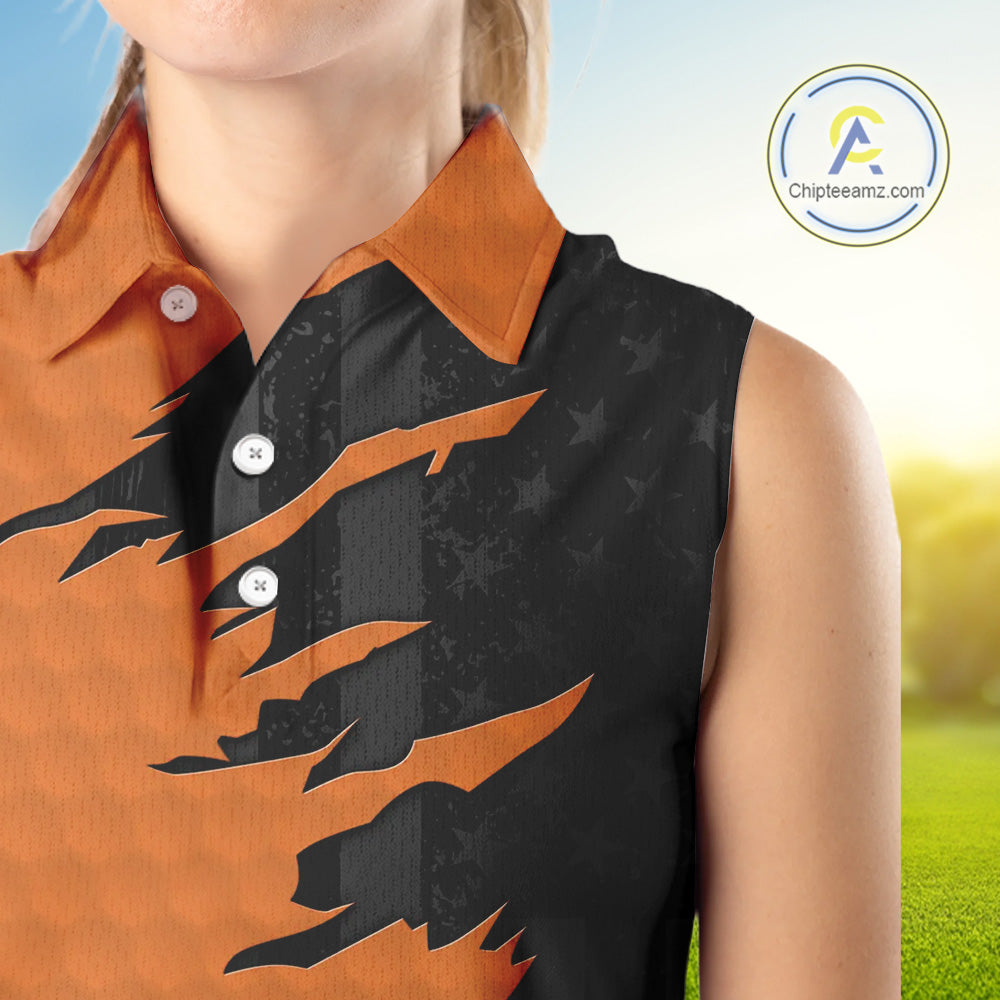 Womens sleeveless golf polos shirts orange golf ball skin black American flag ladies golf apparel NQS10070