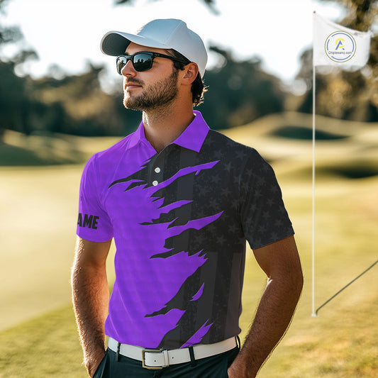 Personalized Mens golf polo shirts custom purple golf ball skin black American flag mens golf apparel NQS10071