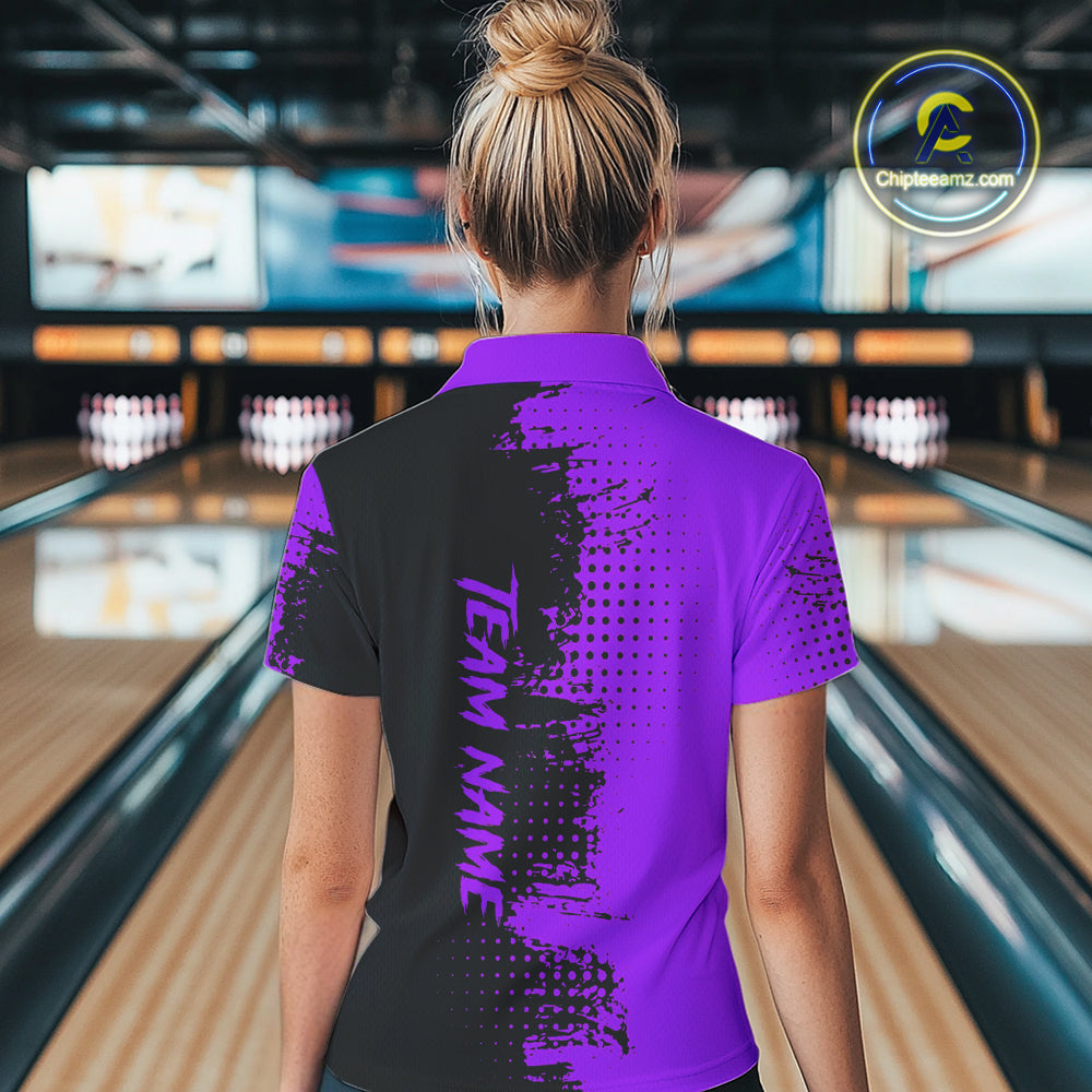 Black and Purple Bowling Polo, Quarter Zip shirts for Women Custom Bowling Team Jerseys NQS10221