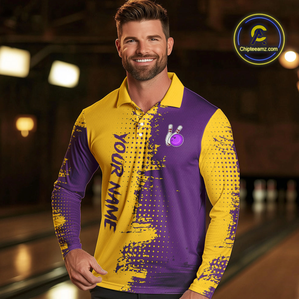 Yellow and Purple Bowling Polo, Quarter Zip shirts for Men Custom Bowling Team Jerseys NQS10222