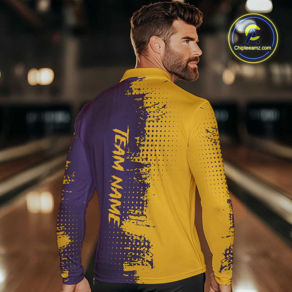Yellow and Purple Bowling Polo, Quarter Zip shirts for Men Custom Bowling Team Jerseys NQS10222