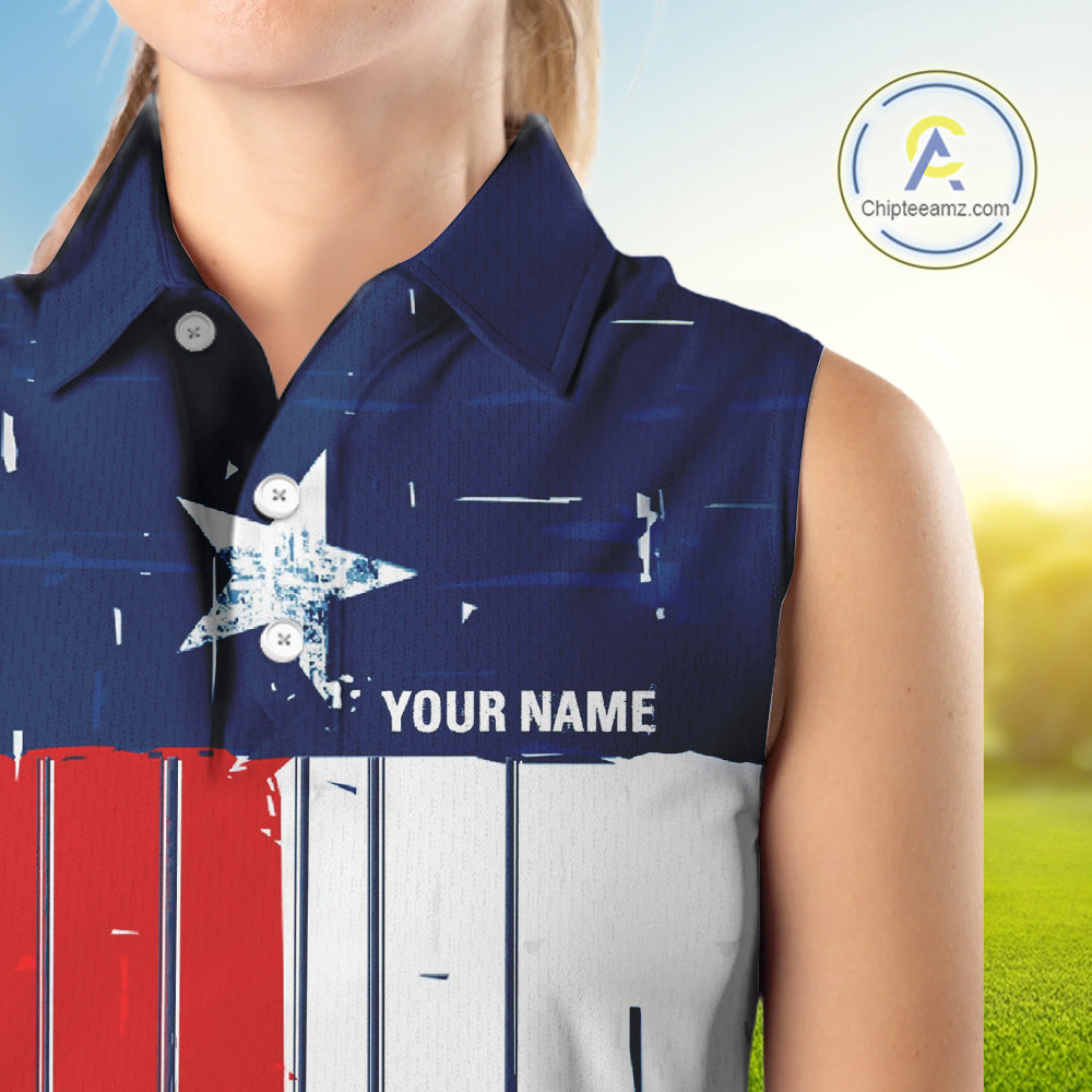 Texas Flag Golf Clubs sleeveless polo shirt Custom patriotic ladies golf top, personalized golf gifts NQS10381