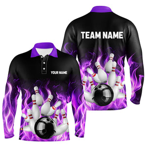 Purple Flame Fire Bowling Polo, Quarter Zip Shirts For Men Custom name Team Bowling Jerseys Bowler NQS8628