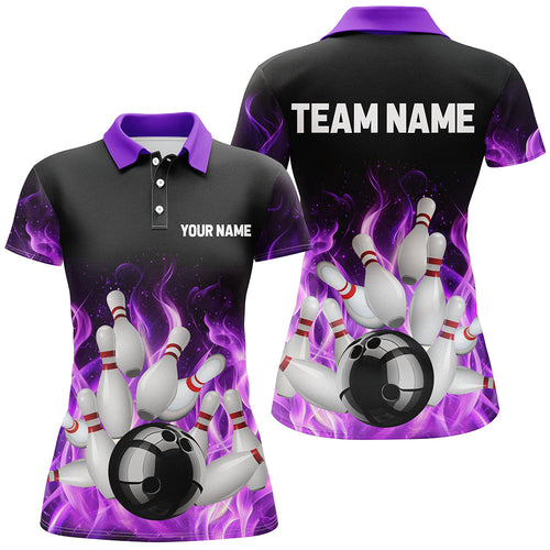 Purple Flame Fire Bowling Polo, Quarter Zip Shirts For Women Custom name Team Bowling Jerseys Bowler NQS8628