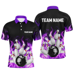 Purple Flame Fire Bowling Polo, Quarter Zip Shirts For Men Custom name Team Bowling Jerseys Bowler NQS8628