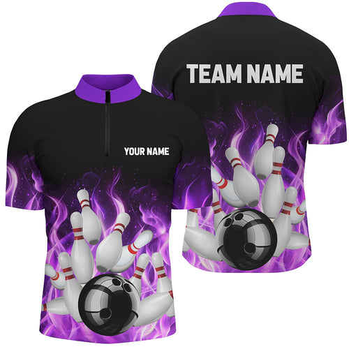 Purple Flame Fire Bowling Polo, Quarter Zip Shirts For Men Custom name Team Bowling Jerseys Bowler NQS8628