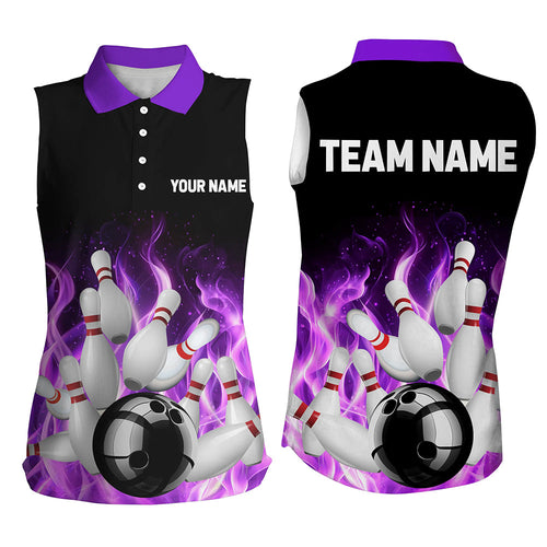 Purple Flame Fire Bowling sleeveless polo Shirt For Women Custom name Team Bowling Jerseys Bowler NQS8628