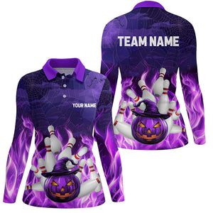 Purple Flame Halloween Pumpkin Bowling Polo, Quarter Zip Shirts For Women Custom Team Bowling Jerseys NQS8629