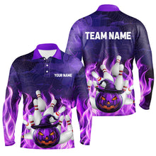 Load image into Gallery viewer, Purple Flame Halloween Pumpkin Bowling Polo, Quarter Zip Shirts For Men Custom Team Bowling Jerseys NQS8629