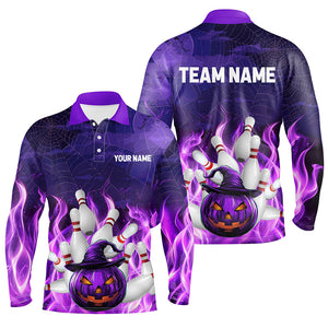 Purple Flame Halloween Pumpkin Bowling Polo, Quarter Zip Shirts For Men Custom Team Bowling Jerseys NQS8629