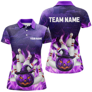 Purple Flame Halloween Pumpkin Bowling Polo, Quarter Zip Shirts For Women Custom Team Bowling Jerseys NQS8629