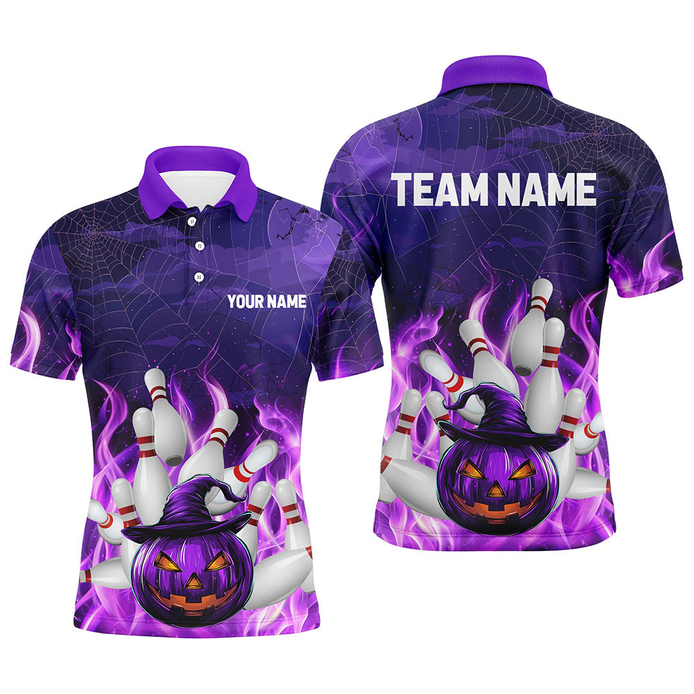 Purple Flame Halloween Pumpkin Bowling Polo, Quarter Zip Shirts For Men Custom Team Bowling Jerseys NQS8629