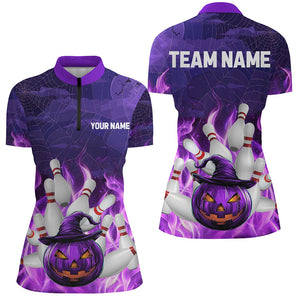 Purple Flame Halloween Pumpkin Bowling Polo, Quarter Zip Shirts For Women Custom Team Bowling Jerseys NQS8629