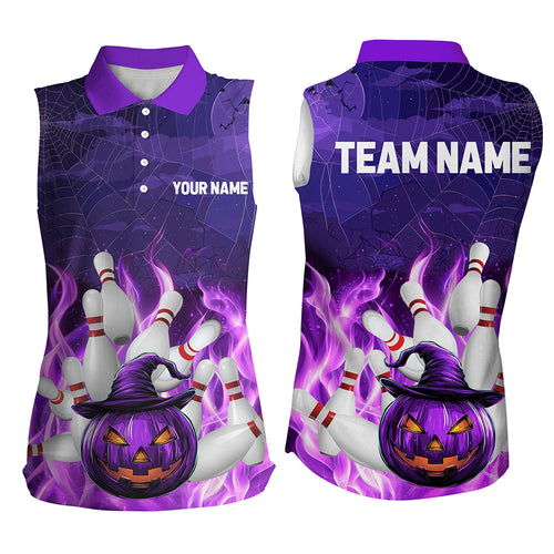 Purple Flame Halloween Pumpkin Bowling sleeveless polo Shirts For Women Custom Team Bowling Jerseys NQS8629