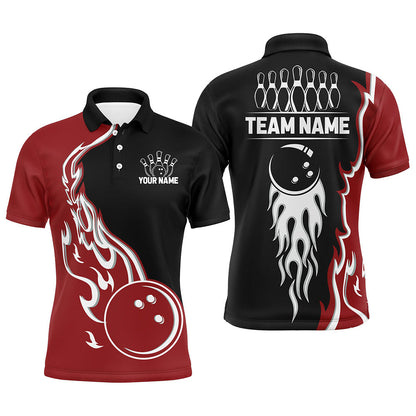 Black and Red Flame Bowling Polo, Quarter Zip Shirt for Men Custom Team Bowling Jersey Bowler Outfit NQS8865