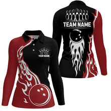 Load image into Gallery viewer, Black and Red Flame Bowling Polo, Quarter Zip Shirt for Women Custom Team Bowling Jersey Bowler Outfit NQS8865