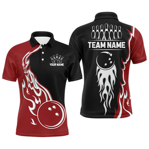 Black and Red Flame Bowling Polo, Quarter Zip Shirt for Men Custom Team Bowling Jersey Bowler Outfit NQS8865