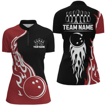 Load image into Gallery viewer, Black and Red Flame Bowling Polo, Quarter Zip Shirt for Women Custom Team Bowling Jersey Bowler Outfit NQS8865