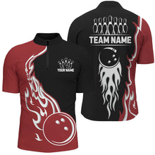 Load image into Gallery viewer, Black and Red Flame Bowling Polo, Quarter Zip Shirt for Men Custom Team Bowling Jersey Bowler Outfit NQS8865