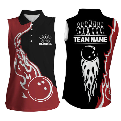 Black and Red Flame Bowling Sleeveless Polo Shirt for Women Custom Team Bowling Jersey Bowler Outfit NQS8865