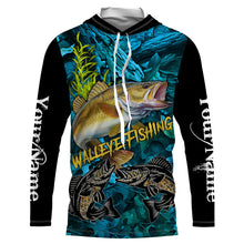 Load image into Gallery viewer, Blue camo walleye fishing custom UV protection long sleeve fishing shirts, walleye tournament jerseys NQS5144