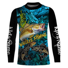 Load image into Gallery viewer, Blue camo walleye fishing custom UV protection long sleeve fishing shirts, walleye tournament jerseys NQS5144