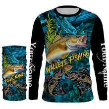 Load image into Gallery viewer, Blue camo walleye fishing custom UV protection long sleeve fishing shirts, walleye tournament jerseys NQS5144