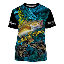 Load image into Gallery viewer, Blue camo walleye fishing custom UV protection long sleeve fishing shirts, walleye tournament jerseys NQS5144