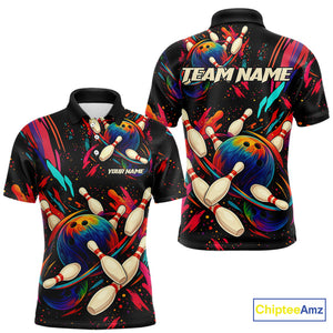 Colorful Watercolor bowling ball and pins Team jerseys Custom Men bowling Polo, Quarter Zip Shirt NQS9833