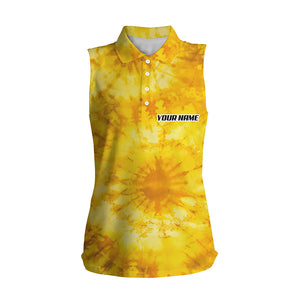 Womens sleeveless polo shirts yellow tie dye pattern custom pattern golf shirt for women, golf tops NQS5643