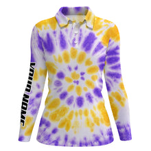 Load image into Gallery viewer, Womens golf polo shirts with purple yellow tie dye pattern custom pattern team golf shirt for women NQS5644