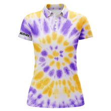 Load image into Gallery viewer, Womens golf polo shirts with purple yellow tie dye pattern custom pattern team golf shirt for women NQS5644