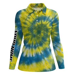 Womens golf polo shirts with blue yellow tie dye pattern custom pattern team golf shirt for women NQS5645