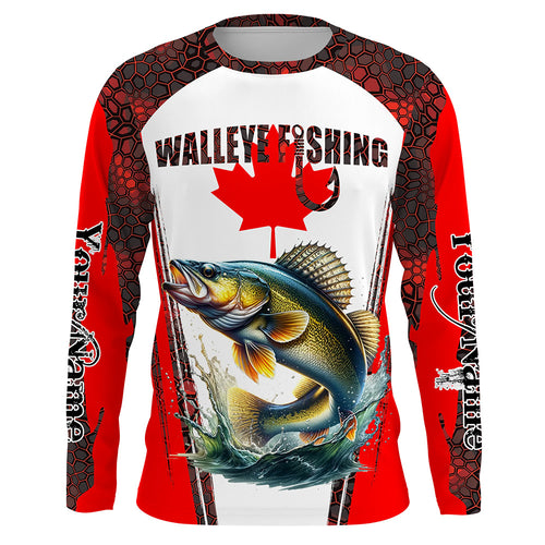 Walleye fishing red camo Custom Canadian flag UV Protection Fishing Shirts NQS5652