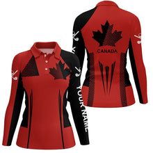 Load image into Gallery viewer, Personalized black and red Canada flag golf polo shirt for women custom patriotic gifts for golf lover NQS7754