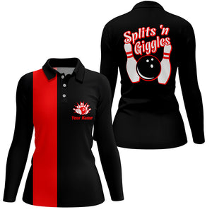 Splits'n Giggles Bowling polo Shirt For Women Personalized black red retro bowling Jersey NQS6073