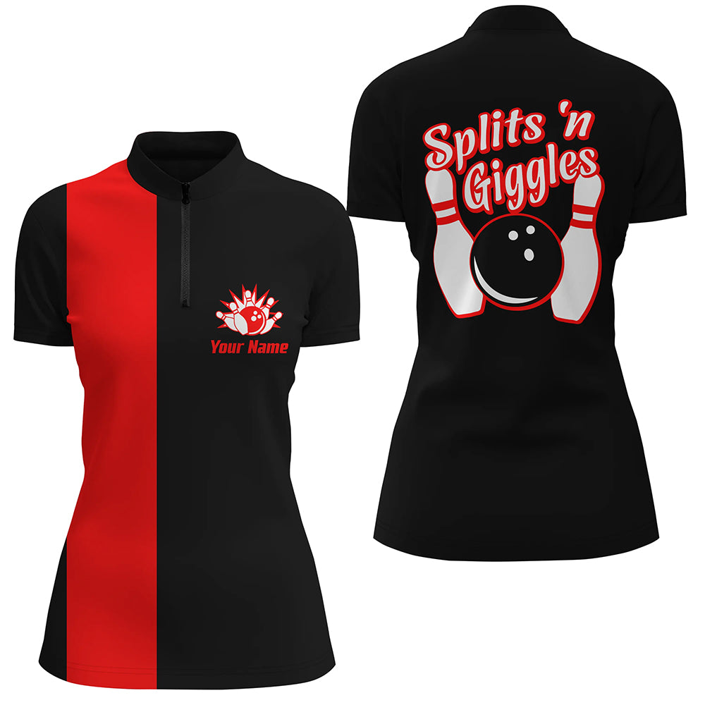 Splits'n Giggles Bowling Quarter-Zip Shirt For Women Personalized black red retro bowling Jersey NQS6073