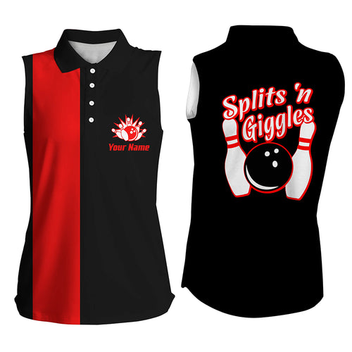 Splits'n Giggles Bowling sleeveless polo Shirt For Women Personalized black red retro bowling Jersey NQS6073