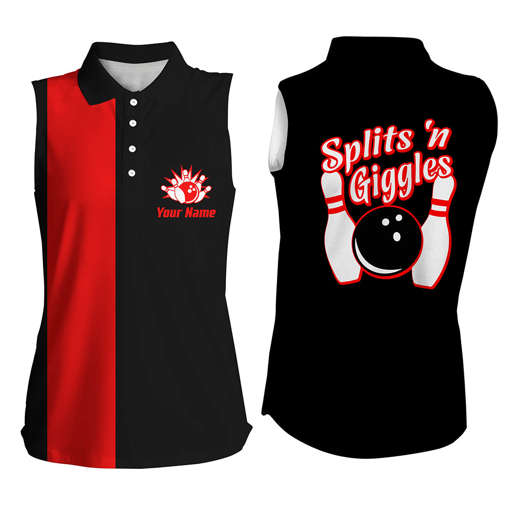 Splits'n Giggles Bowling sleeveless polo Shirt For Women Personalized black red retro bowling Jersey NQS6073