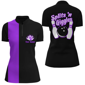 Splits'n Giggles Bowling Quarter-Zip Shirt For Women Personalized black purple retro bowling Jersey NQS6074