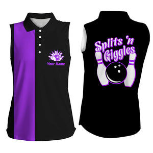 Splits'n Giggles Bowling sleeveless polo Shirt For Women Personalized black purple retro bowling Jersey NQS6074