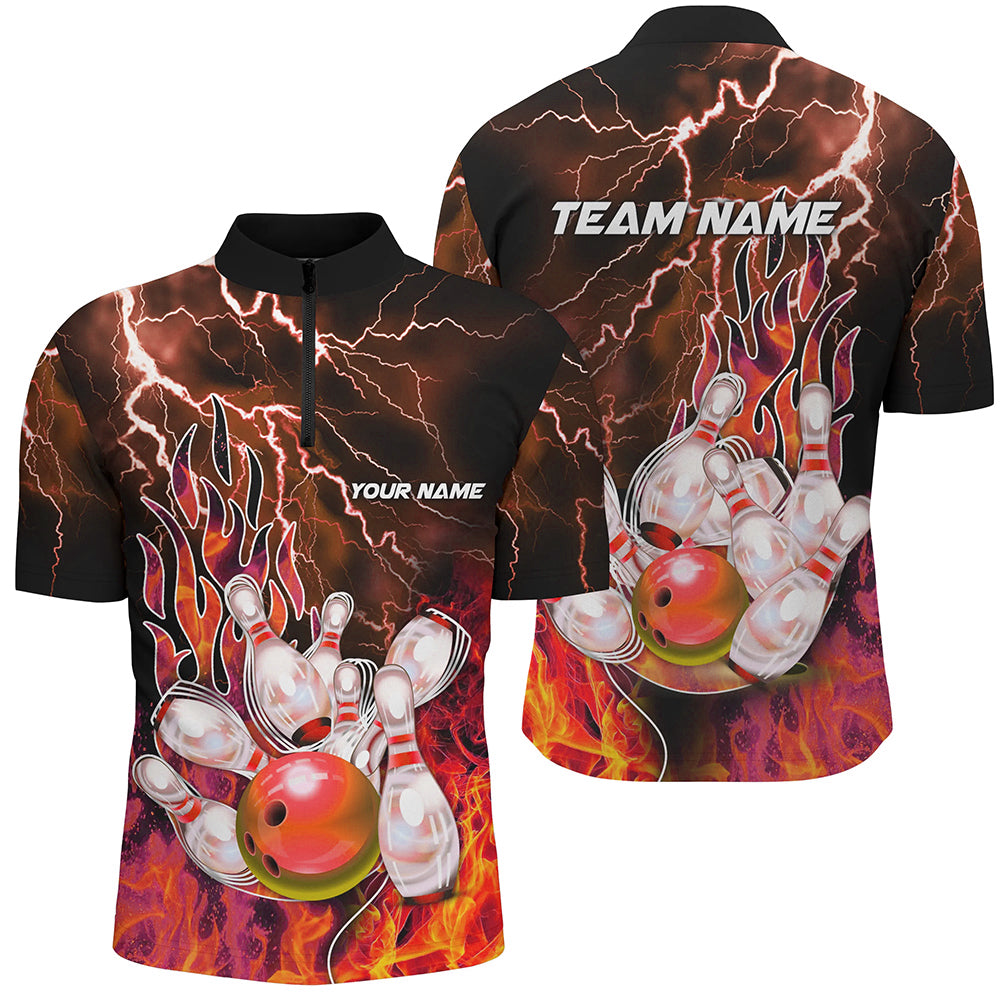Men Bowling Polo, 1/4 Zip Shirt Custom orange lightning thunder Bowling Team Jersey, gift for Bowlers NQS8174