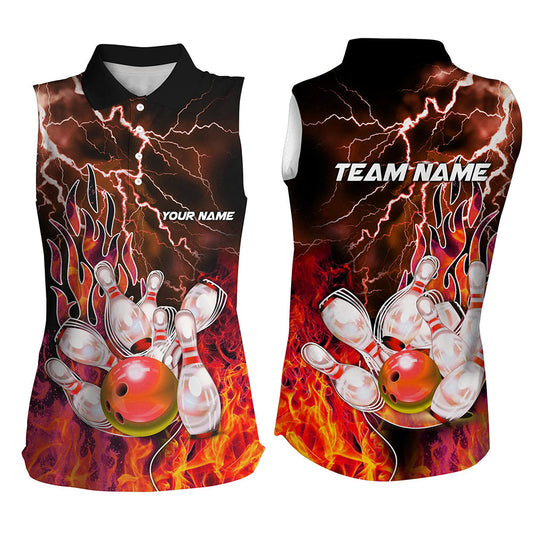 Bowling Sleeveless Polo Shirt Custom orange lightning thunder Bowling Team Jersey, gift for Bowlers NQS8174