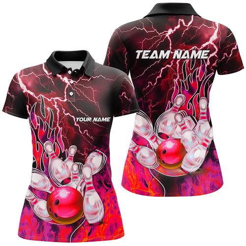 Women Bowling Polo, 1/4 Zip Shirt Custom red lightning thunder Bowling Team Jersey, gift for Bowler NQS8175