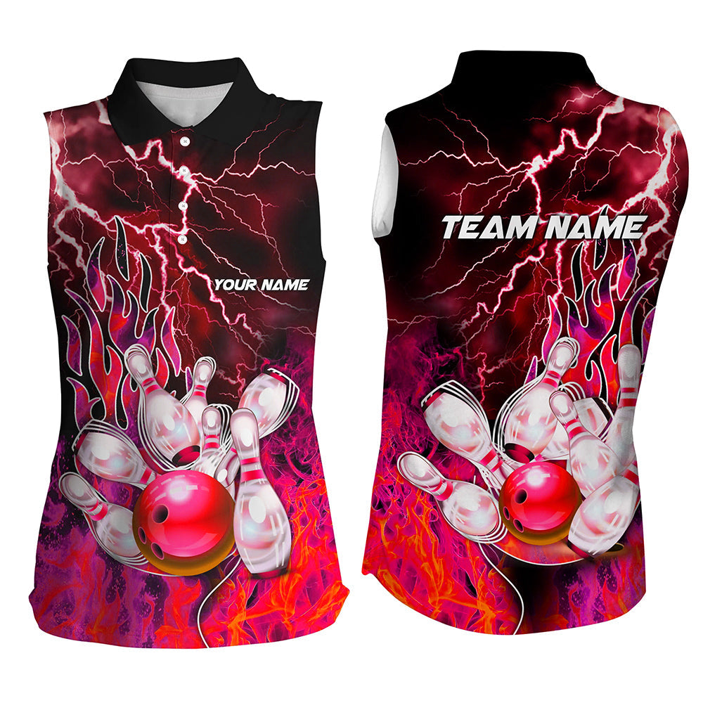 Bowling Sleeveless Polo Shirt Custom red lightning thunder Bowling Team Jersey, gift for Bowlers NQS8175