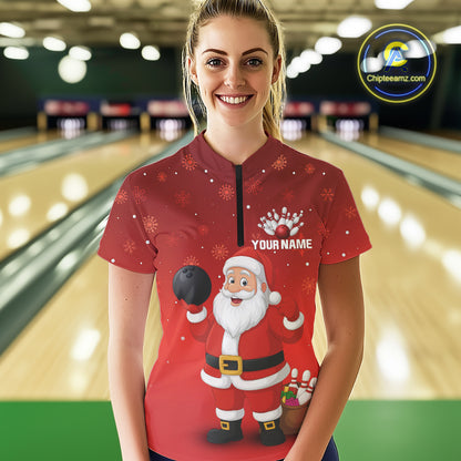 Funny Santa Bowling Red Christmas snowflake pattern Women's Bowling shirt Custom Xmas Bowling Outfits NQS10992